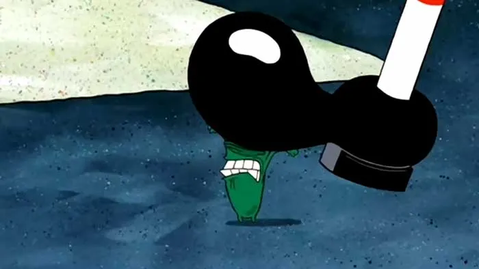 Plankton grimacing as he is squished under SpongeBob's large black shoe in an iconic SpongeBob quotes scene.