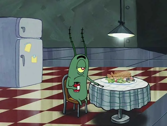 Sheldon J. Plankton looking depressed in kitchen next to holographic sandwich referencing iconic SpongeBob quotes.