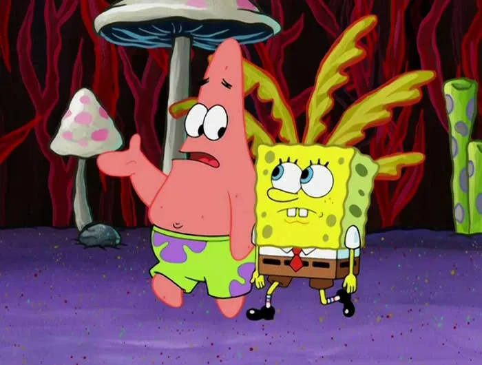 Patrick and SpongeBob walking and talking underwater surrounded by colorful coral and giant mushrooms in iconic SpongeBob quotes scene.