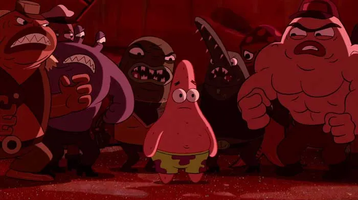 Patrick Star surrounded by angry fish, a tense moment from iconic SpongeBob quotes in the animated series.