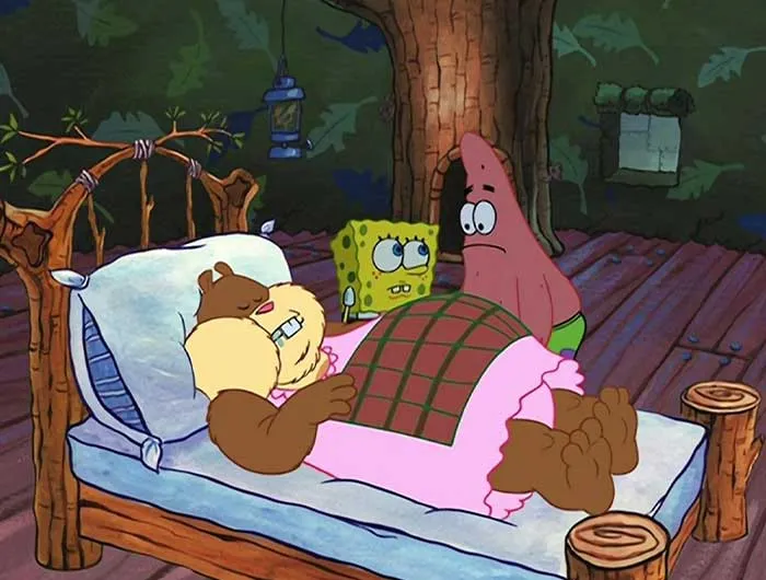 Sandy Cheeks hibernating in a cozy bed with SpongeBob and Patrick standing nearby in a SpongeBob quotes scene.