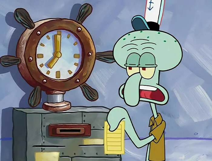 Squidward looking tired and empty while clocking into work, a scene from iconic SpongeBob quotes and moments.