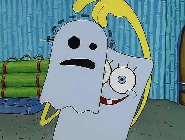 SpongeBob dressed as a ghost holding his hand like a ghost puppet in a cartoon room, iconic SpongeBob quotes theme.