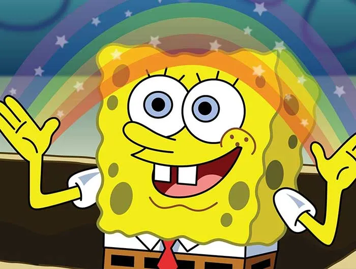 SpongeBob with a rainbow above his head, representing iconic SpongeBob quotes and cheerful expressions.