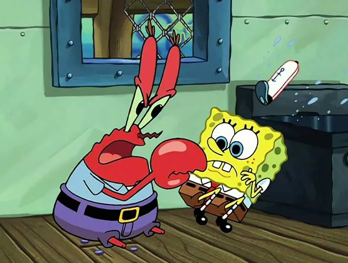 Mr. Krabs shouting at SpongeBob inside the Krusty Krab, a scene from iconic SpongeBob quotes in the show.