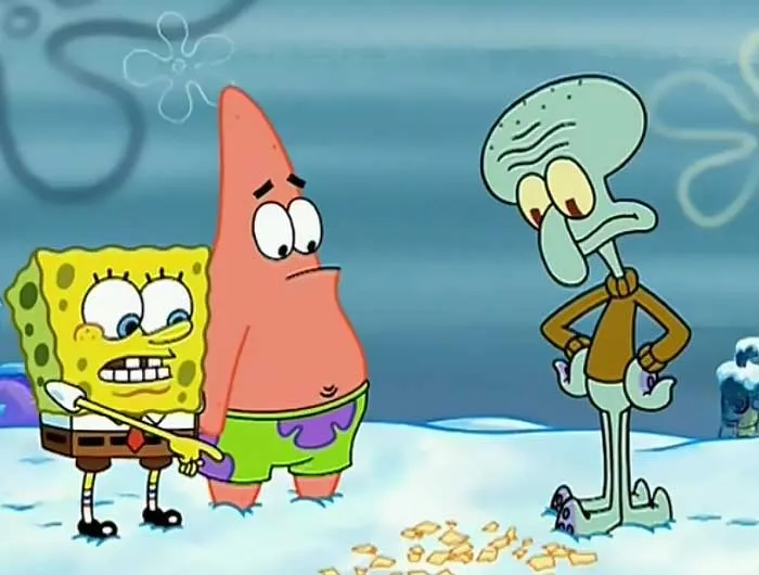 SpongeBob pointing at shredded paper on the ground in front of Squidward from iconic SpongeBob quotes scene.