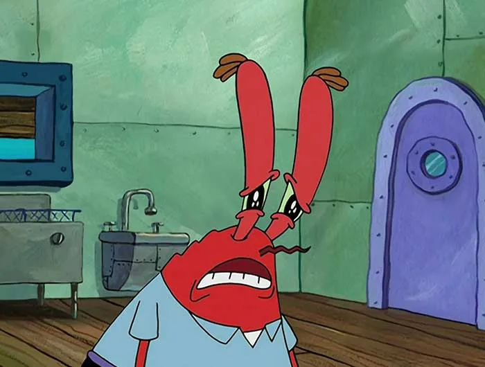 Mr. Krabs in despair inside the Krusty Krab, a memorable moment from iconic SpongeBob quotes and scenes.