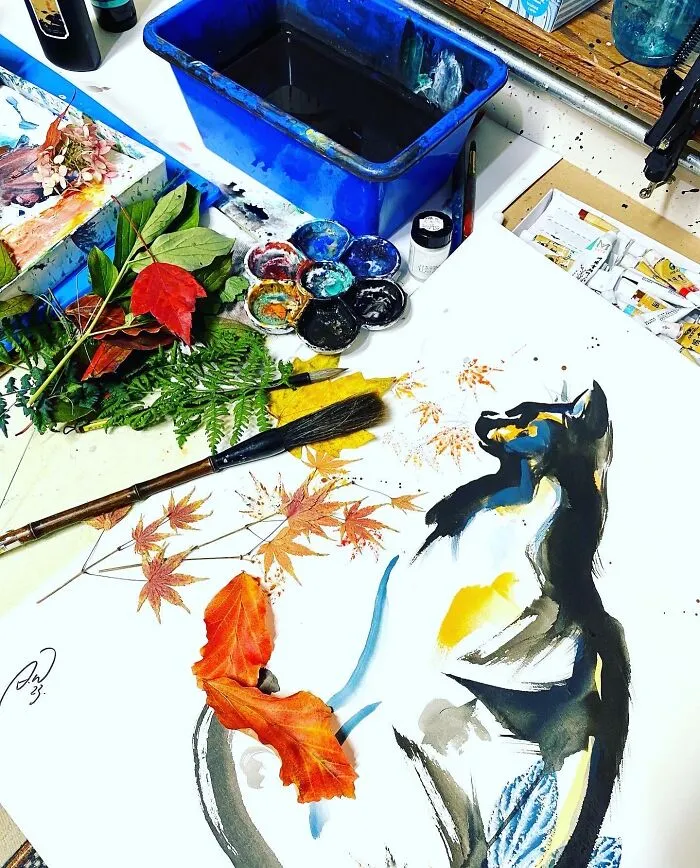 Autumn Leaf Cat Art