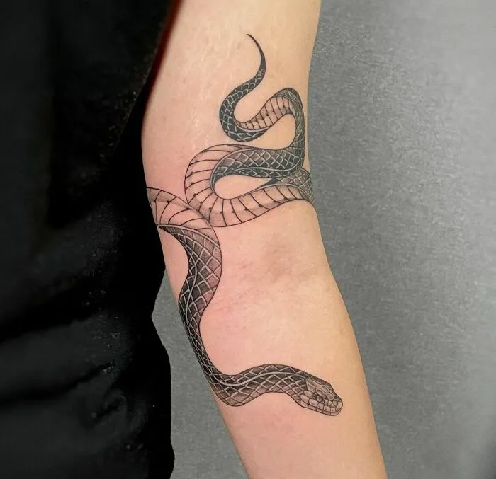 Snake tattoo on forearm with intricate scale details and a winding design on skin.