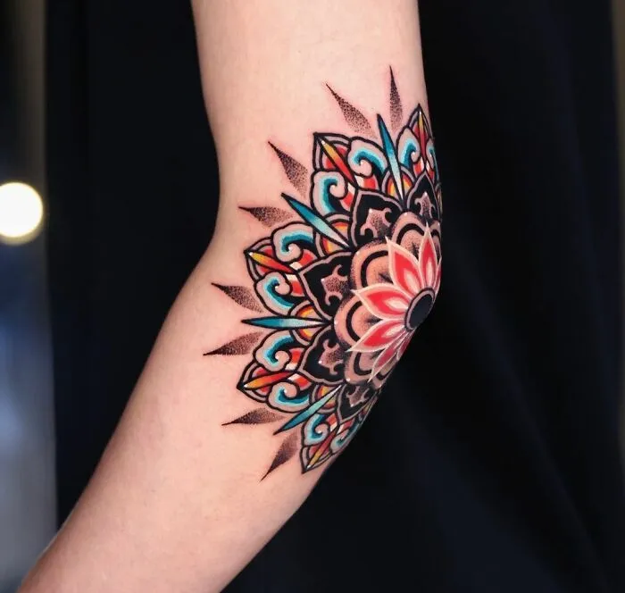 Bold And Stunning Color Mandala Elbow Tattoo