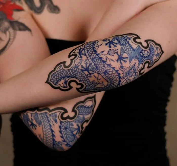 Blue Ink Elbow Tattoo