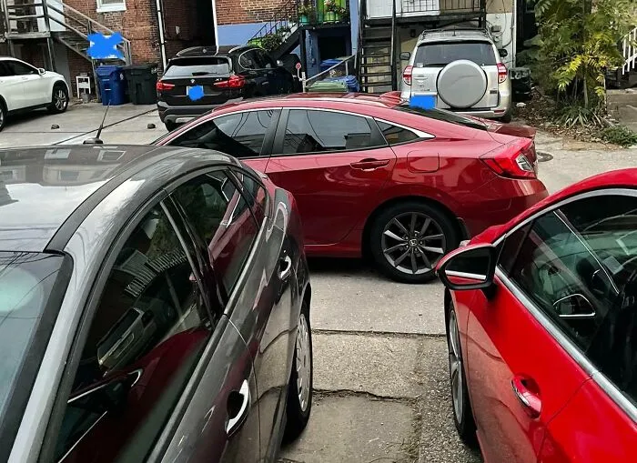 Neighbor's Friend Decided Last Night That This Apparently Was The Best Place To Park, Making Both My Significant Other And Me Late For Work