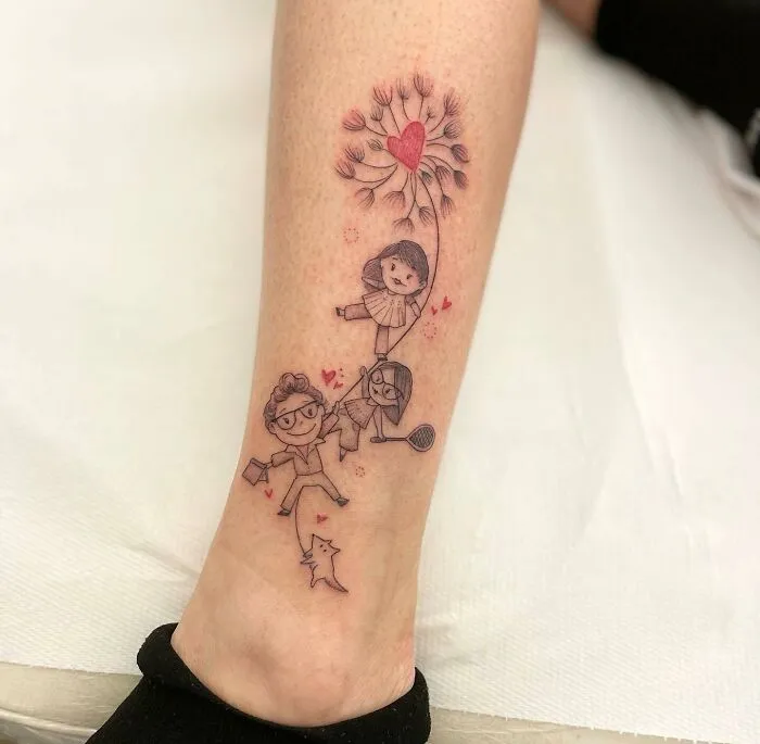 Tattoo of a family holding hands with heart and dandelion, symbolizing unbreakable bonds.