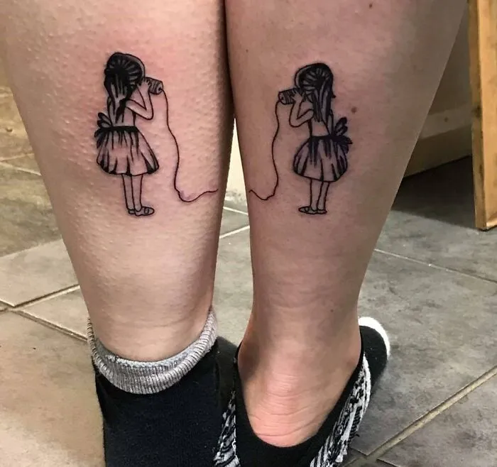 Matching family tattoos depicting children with tin can telephones, symbolizing unbreakable bonds.