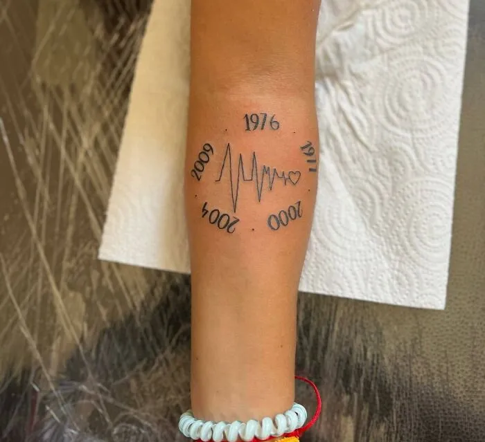 Family tattoo with heartbeat and years 1976, 1971, 2000, signifying unbreakable bonds on inner forearm.