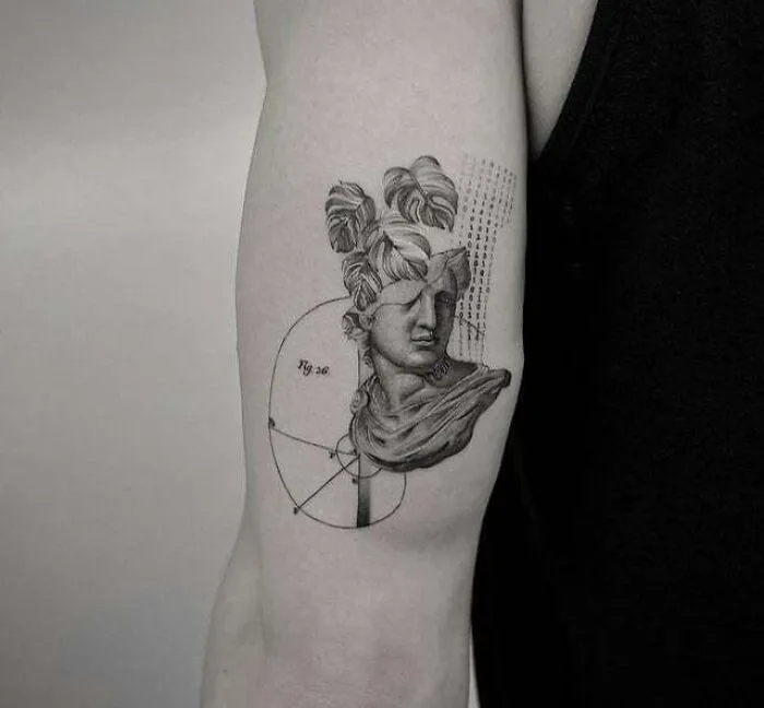 Black and gray tattoo of a classical statue with geometric lines, symbolizing unbreakable bonds on an upper arm.