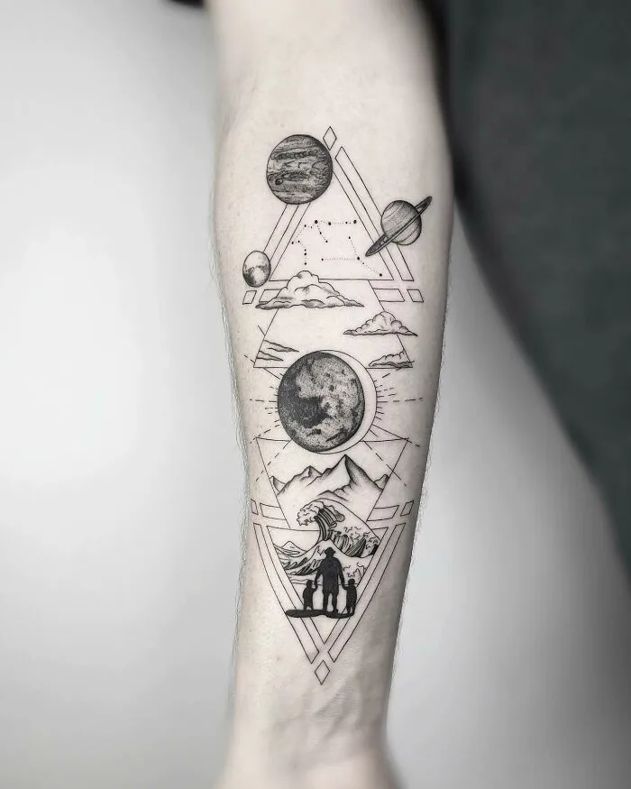 Geometric family tattoo with planets and mountains symbolizing unbreakable bonds on forearm.
