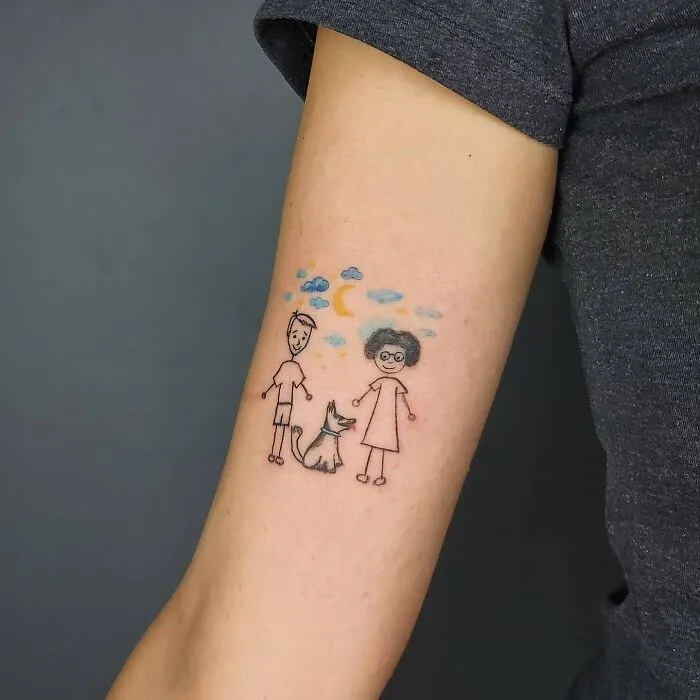 Family tattoo with cartoon figures and a dog, symbolizing unbreakable bonds.