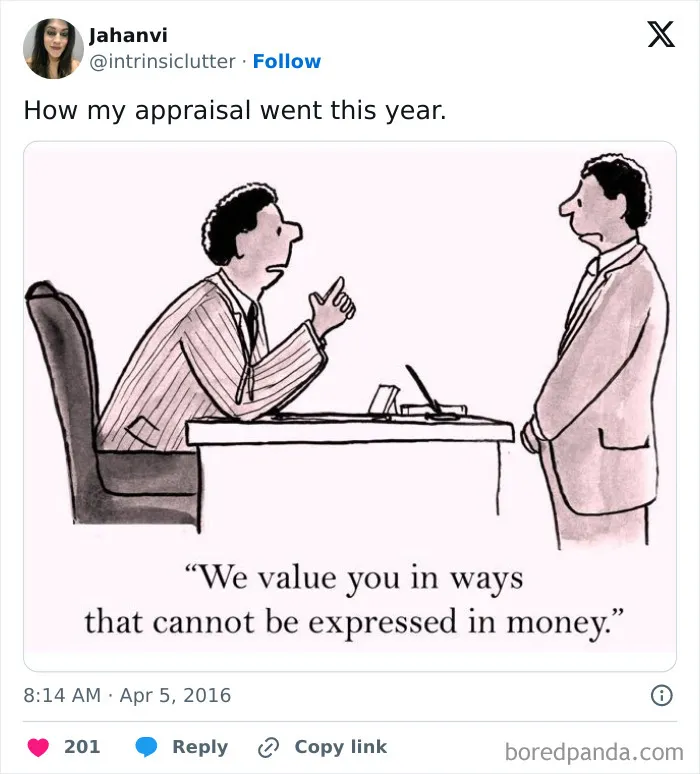 Cartoon of a work meme showing a boss telling an employee they can't be valued in money.