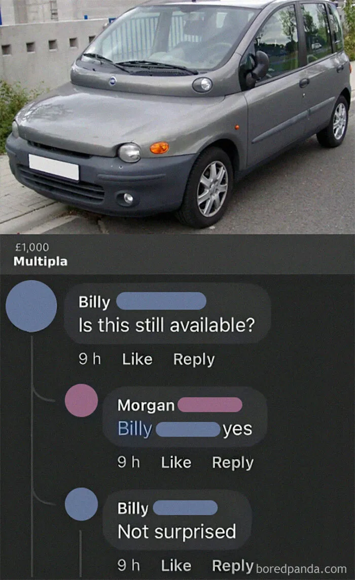 Bizarre meme of a Fiat Multipla listing with humorous comments about its availability and price.
