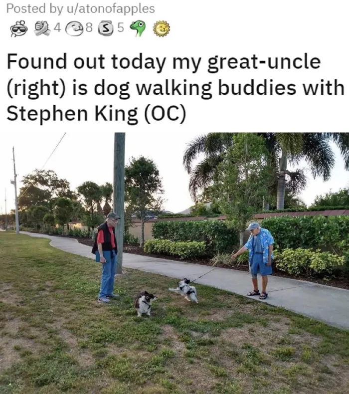 “Just Found Out My Great-Uncle Shares Dog Walks with Stephen King”