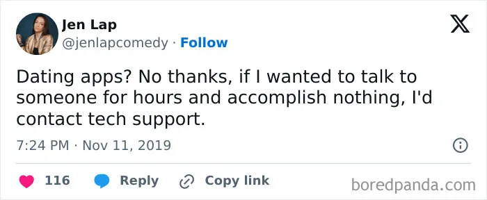 Tweet humorously comparing dating apps to tech support, featuring hilarious engineering meme.