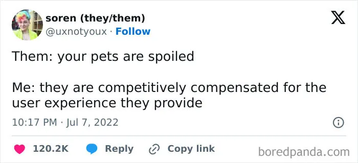 Dog meme text exchange joking about pets being spoiled and valued for their user experience.