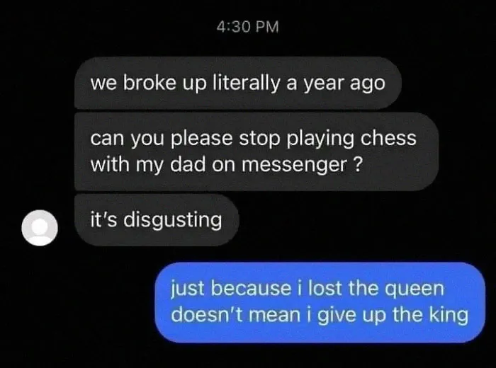 Text conversation meme with funny chess reference, highlighting a weird and unhinged message exchange.