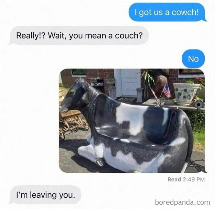 Text exchange about a cow-shaped bench, playfully called a "cowch," showcasing weird memes.