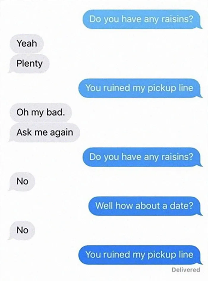 Text conversation showcasing a weird meme pickup line gone wrong.