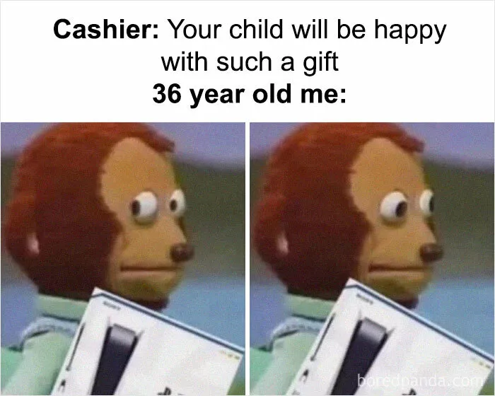 Meme of awkward puppet side-eyeing a comment about buying a child's gift.