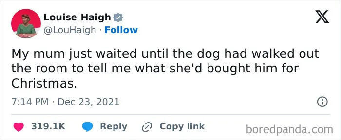 Funny dog meme tweet about a mom secretly sharing her dog's Christmas gift.