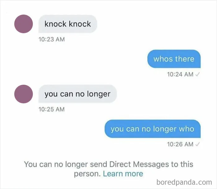 Text message meme showing a humorous blocked knock-knock joke, representing weird meme culture.