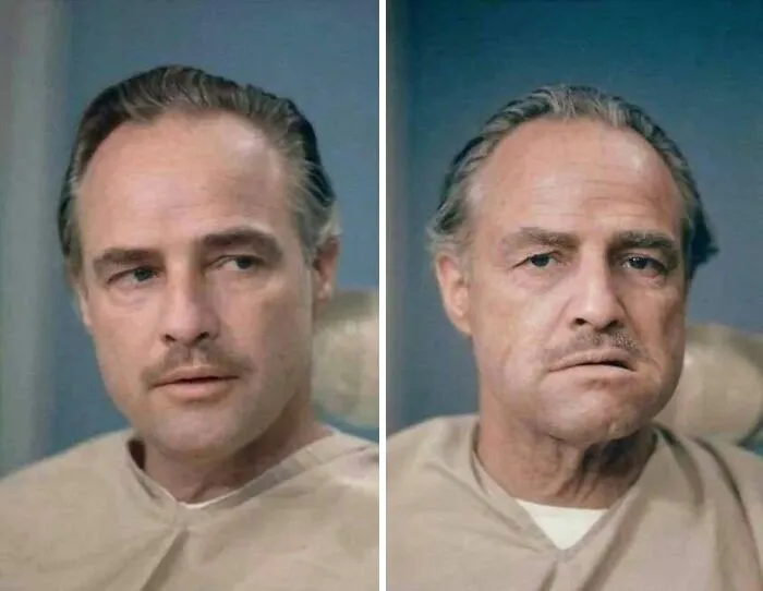 Marlon Brando antes y después de maquillarse para ser Don Vito Corleone
