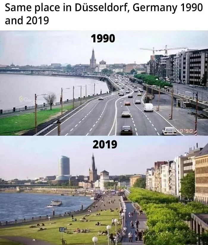 Düsseldorf's transformation from 1990 to 2019, showcasing urban engineering changes along the riverfront.