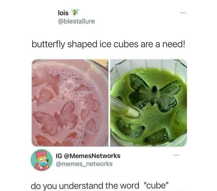 Butterfly-shaped ice cube meme highlighting engineering humor with creative cube design in pink and green drinks.