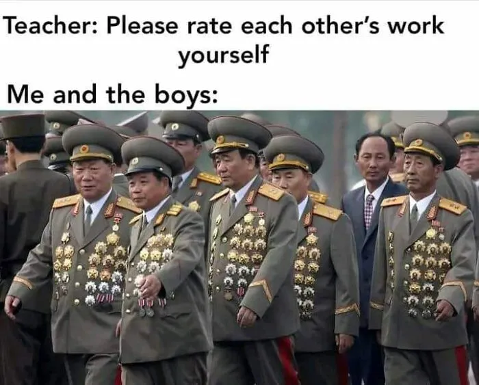Group of uniformed men with medals, humorously illustrating an engineering meme.