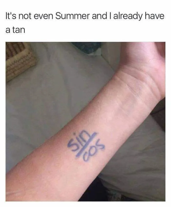 Forearm with a tattoo of the sine and cosine equation, showcasing a hilarious engineering meme.