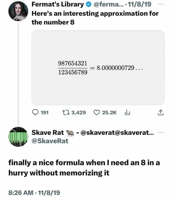 Funny engineering meme showing an approximation formula for the number 8 with humorous commentary.