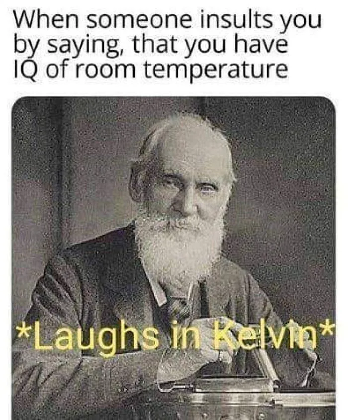 Black-and-white image of a bearded man with text overlay: "When someone insults your IQ, *Laughs in Kelvin*." Engineering meme humor.