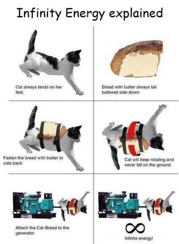 Cat with buttered toast strapped on, demonstrating an engineering meme about infinite energy.