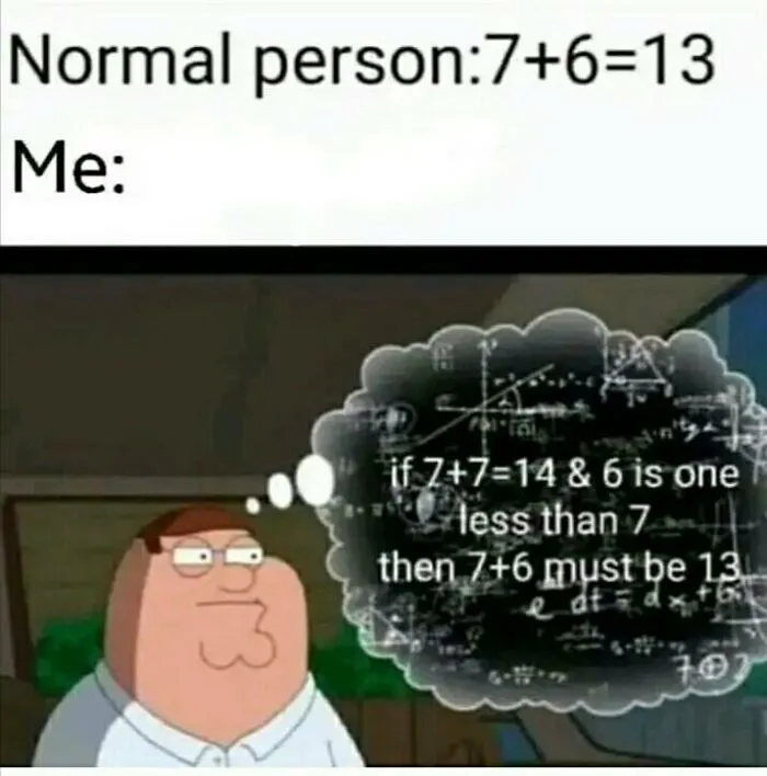 A cartoon character overthinks basic math, illustrating a funny engineering meme.