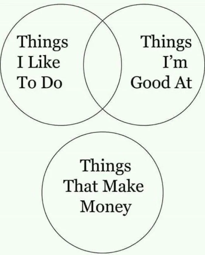 Venn diagram humor about work: activities enjoyed, skills, and income sources.