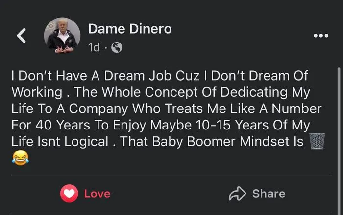 Text meme about work mindset, questioning dedicating life to a job. Features humorous emoji and icons, emphasizing productivity humor.