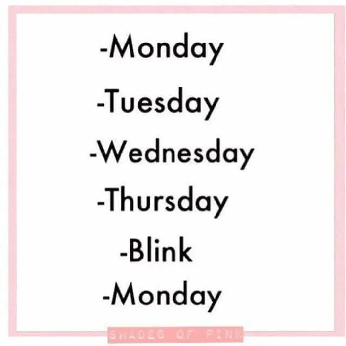 Funny work meme with days of the week: Monday, Tuesday, Wednesday, Thursday, Blink, Monday.