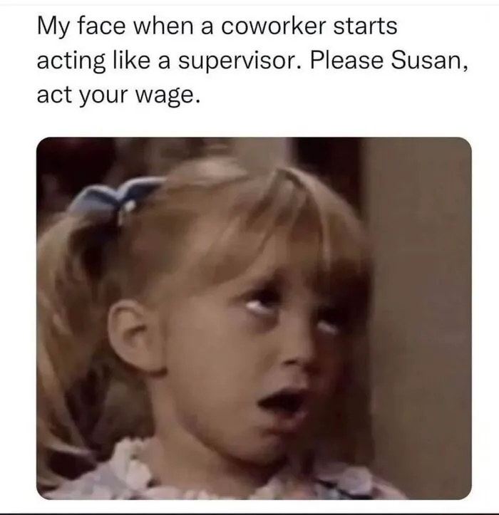 A girl giving an exaggerated eye roll captures a hilarious work meme moment.