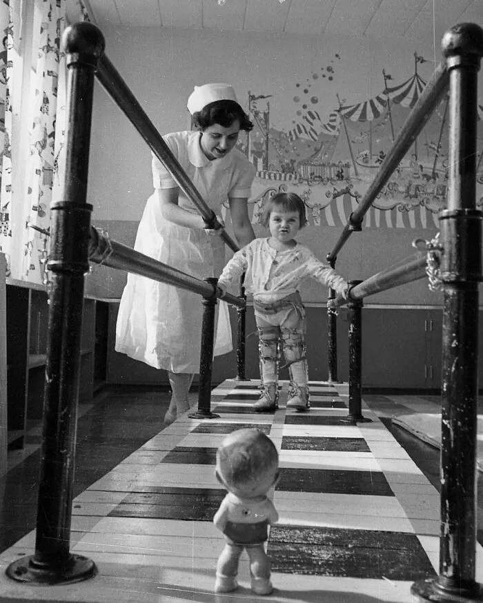 Walking Practice At The Polio Hospital. 1953