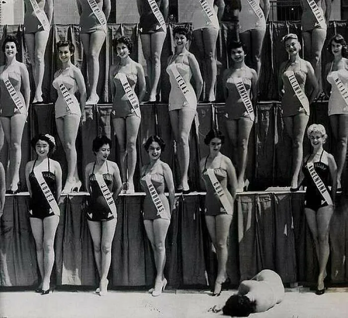 Miss Universe Contestants Look On As Miss New Zealand Passes Out From Heat Exhaustion. 1954