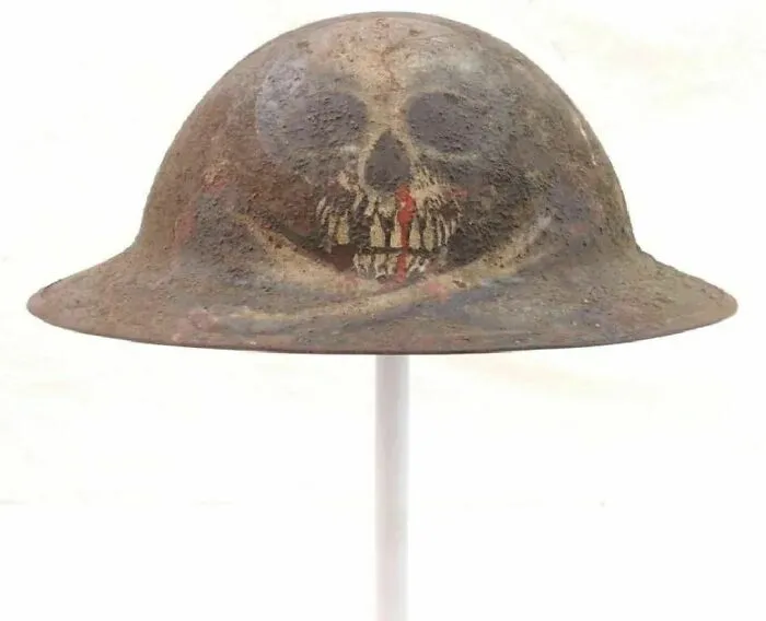 World War I Us Army Helmet With Skull Trench Art On The Front