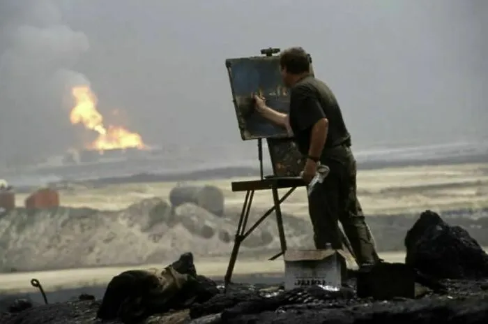Painter Marc Monnier Paints A Canvas On The Front During The Gulf War In October 1991, Kuwait